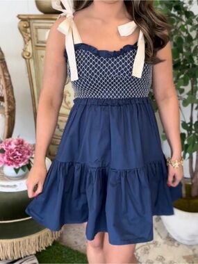 Smocked Ribbon Shoulder Tie mini dress